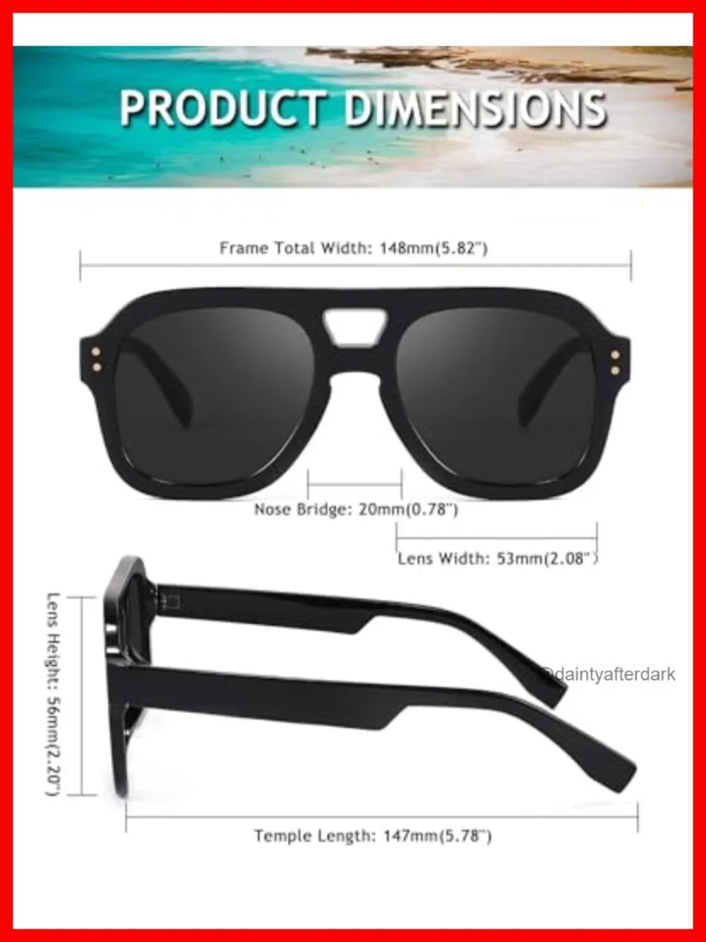 Vintage Aviator Sunglasses Double Bridge Large Square Thick Frame UV400